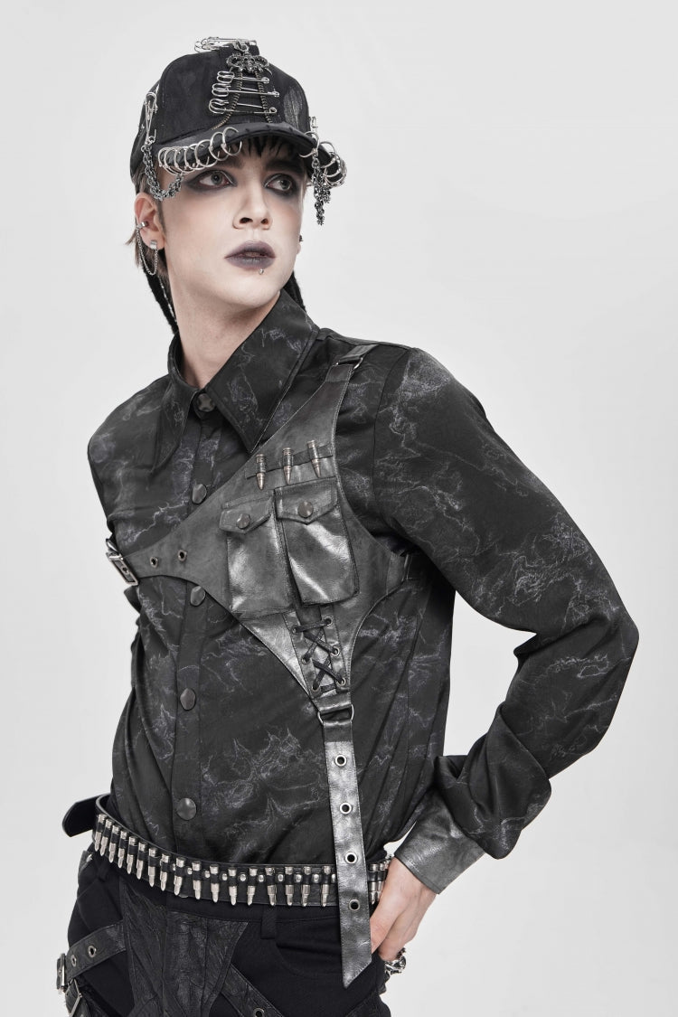 Black Long Sleeves Print Stitching Asymmetric Bullet Men's Punk Blouse