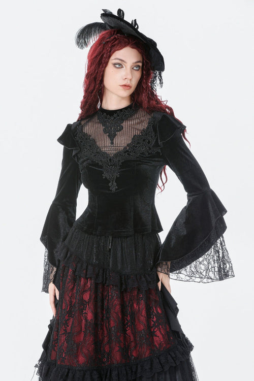 Black Multi-Layered Long Flare Sleeves Embroidered Sheer Mesh Splice Velvet Women's Gothic Top