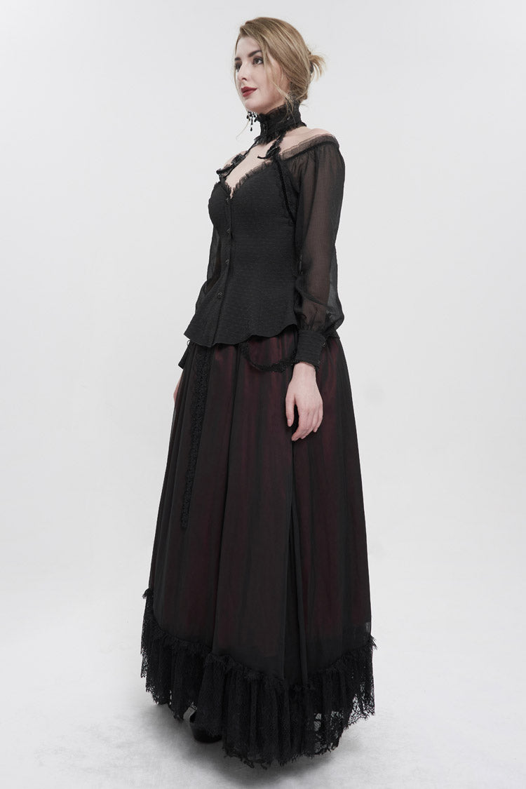 Black Long Sleeve Lace Trim Panel Woven Adjustable Back Women's Gothic T-Shirt