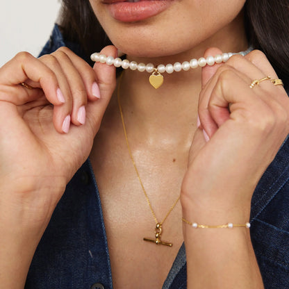 Silver T-Bar and Large Pearl Personalised Heart Necklace Gift Set