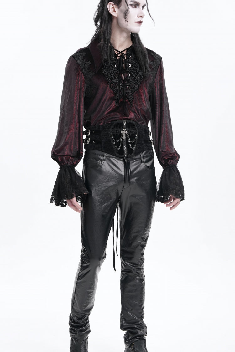 Black Lace-Up Slim Buckled Pearl-Decorated Men's Gothic Palace Accessory Cross Chain Girdle