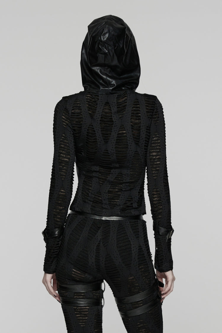 Black Long Sleeves Hooded Ripped Buckled Strappy Women's Punk T-Shirt