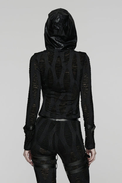 Black Long Sleeves Hooded Ripped Buckled Strappy Women's Punk T-Shirt