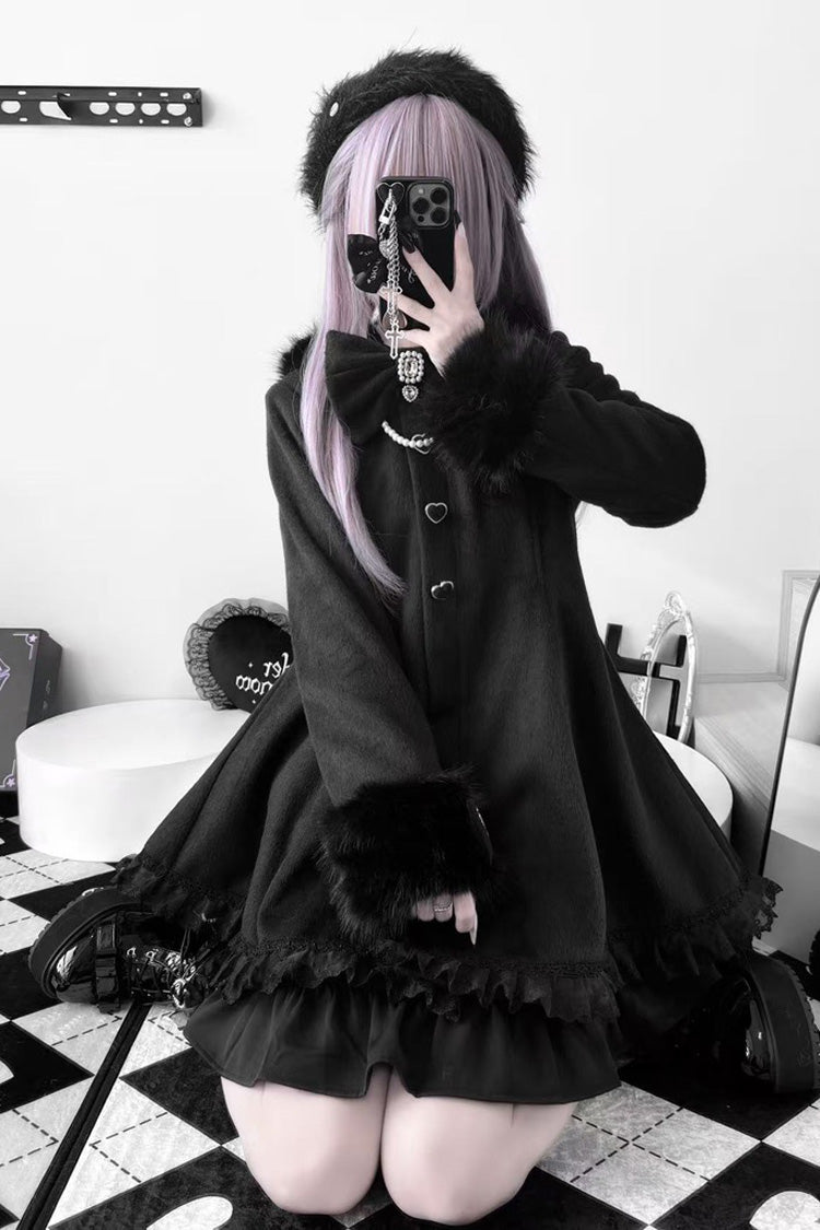 Black Long Sleeves Bowknot Rabbit Ears Detachable Hooded Japanese Jirai Kei Coat