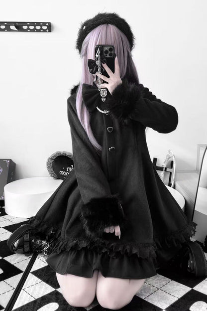 Black Long Sleeves Bowknot Rabbit Ears Detachable Hooded Japanese Jirai Kei Coat