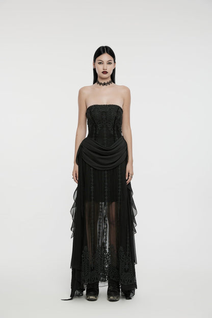 Black Off Shoulder Sleeveless Spliced Lace-Up Slim Pleated Women's Gothic Corset  Chiffon Strapless Dress