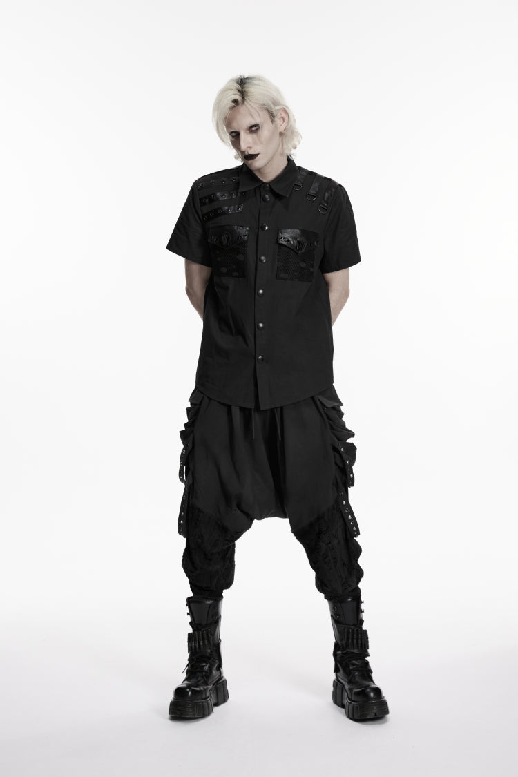 Black Lapel Collar Short Sleeves Cut-Out Spliced Men's Punk Shirt