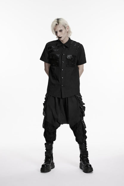 Black Lapel Collar Short Sleeves Cut-Out Spliced Men's Punk Shirt