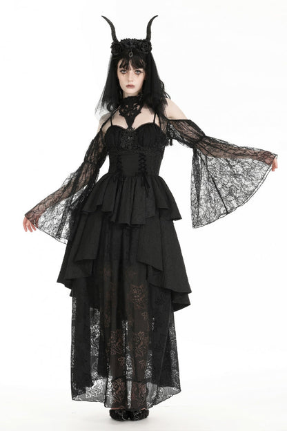 Black Off Shoulder Long Puff Sleeves Cut-Out Lace Women's Gothic Cape