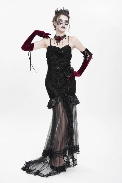 Black Floral Embroidery Mesh Hem Women's Gothic Long Slip Dress