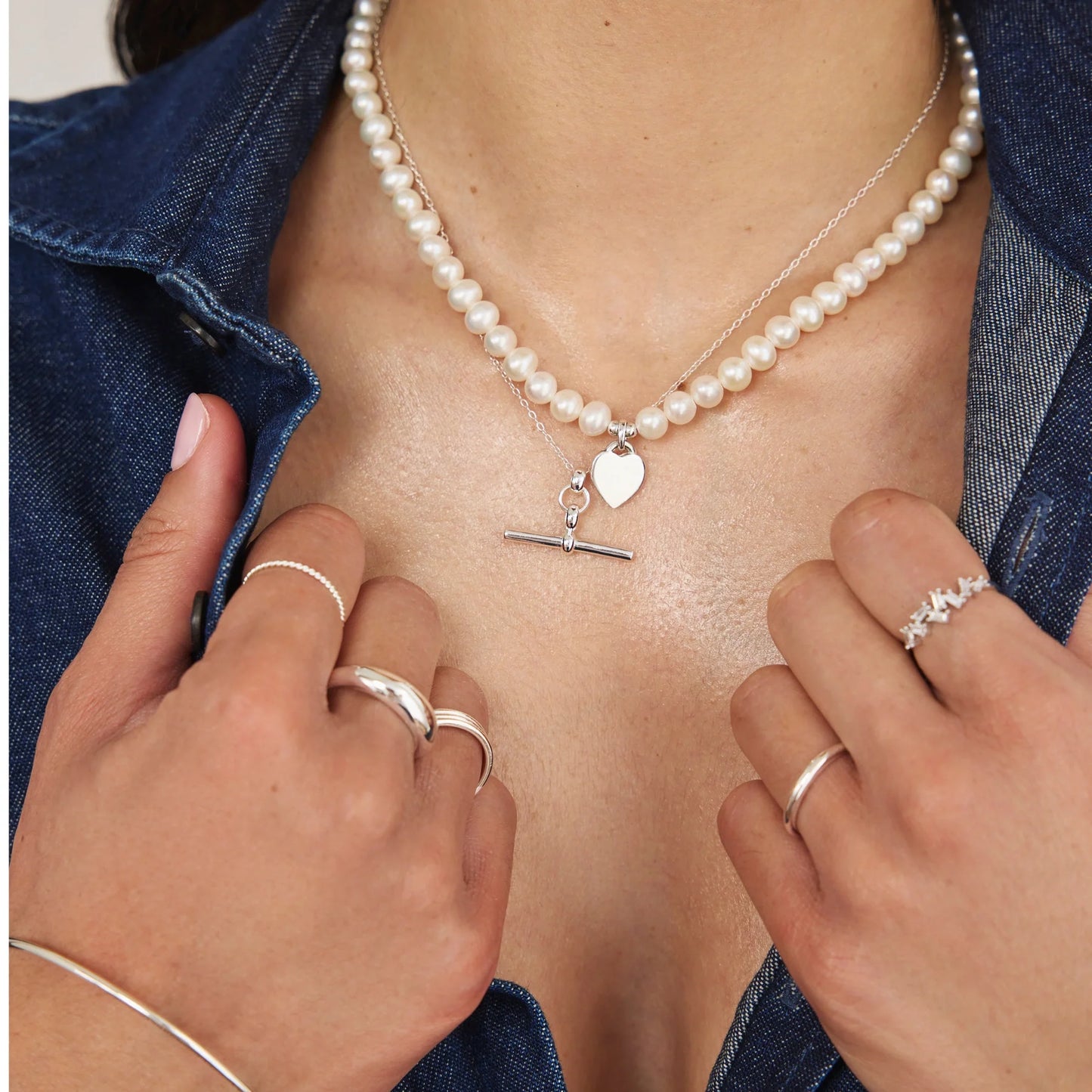 Silver T-Bar and Large Pearl Personalised Heart Necklace Gift Set