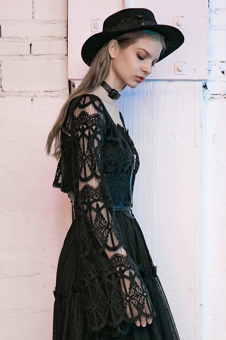 Black Metal Pendant Hollow Lace Lace-Up Women's Gothic Blouse