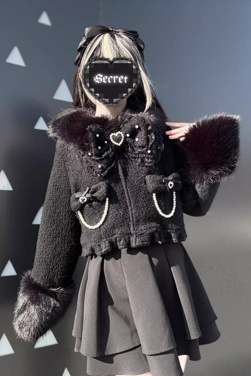 Black Long Sleeves Bow Sheep Wool Gothic Jirai Kei Japanese Short Coat