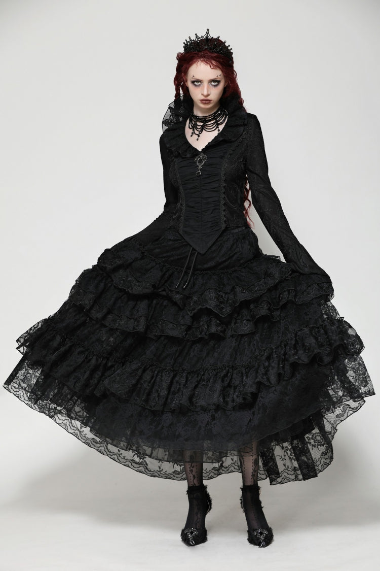Black Lace Ruffled V Stand Collar Long Flared Sleeves Jacquard Women's Gothic Blouse