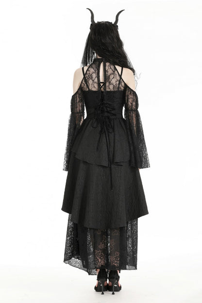 Black Off Shoulder Long Puff Sleeves Cut-Out Lace Women's Gothic Cape