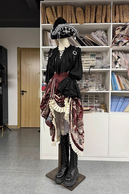Black Pirate Series Navigation Treasure Hunting Guide V Collar Long Hime Sleeves Ouji Lolita Blouse