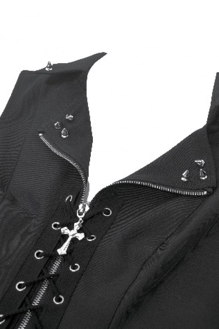 Black Lapel Collar Sleeveless Lace-Up Studded Zippered Eyelet Women's Punk Vest
