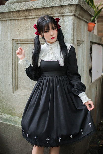 Black Dark Style Punk Cross High Waist Gothic Lolita OP Dress