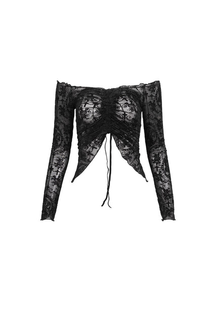 Black Flocked Chest Ruched Adjustable Off-Shoulder Women's Punk T-Shirt