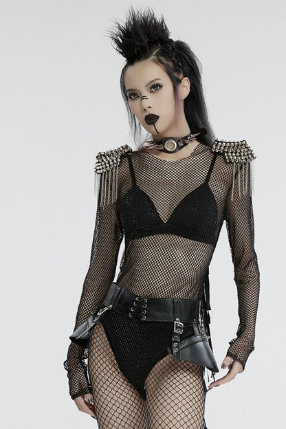 Black Long Sleeves Mesh Studded Tassel Women's Punk Bodysuit