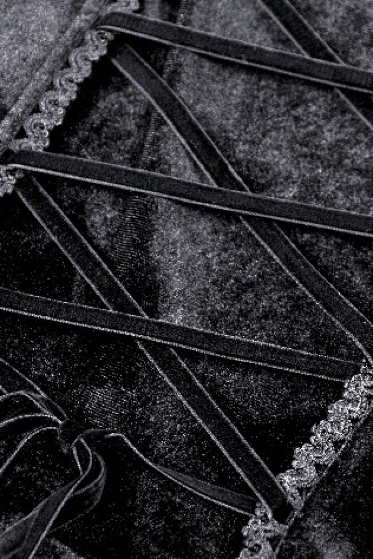 Black Long Puff Sleeves Cut-Out Lace Spliced Velvet Lace-Up Women's Gothic Princess Evening Dress
