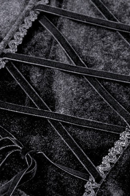 Black Long Puff Sleeves Cut-Out Lace Spliced Velvet Lace-Up Women's Gothic Princess Evening Dress