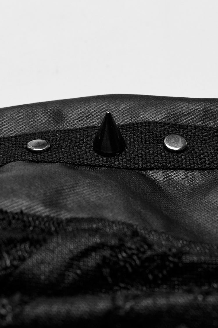 Black Lapel Collar Long Sleeves Faux Leather Stitching Men's Punk Blouse