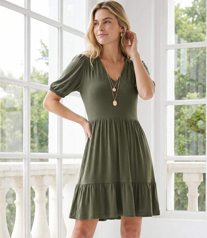 Petite Size Puff Sleeve Tiered Dress