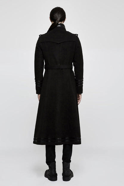 Black Military Uniform Double Breasted Men's Long Gothic Coat With Belt