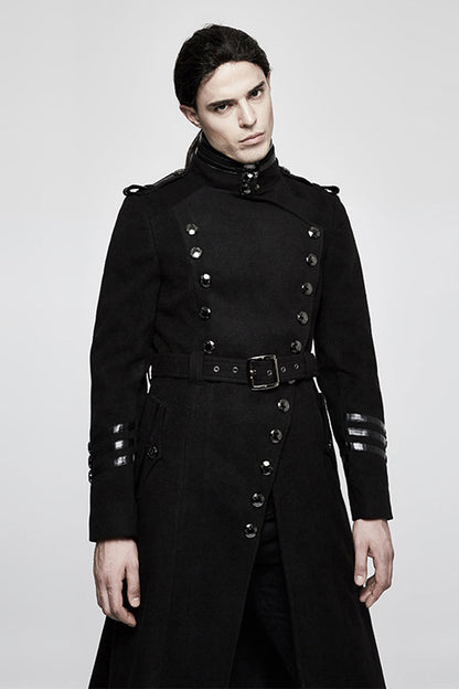 Black Military Uniform Double Breasted Men's Long Gothic Coat With Belt