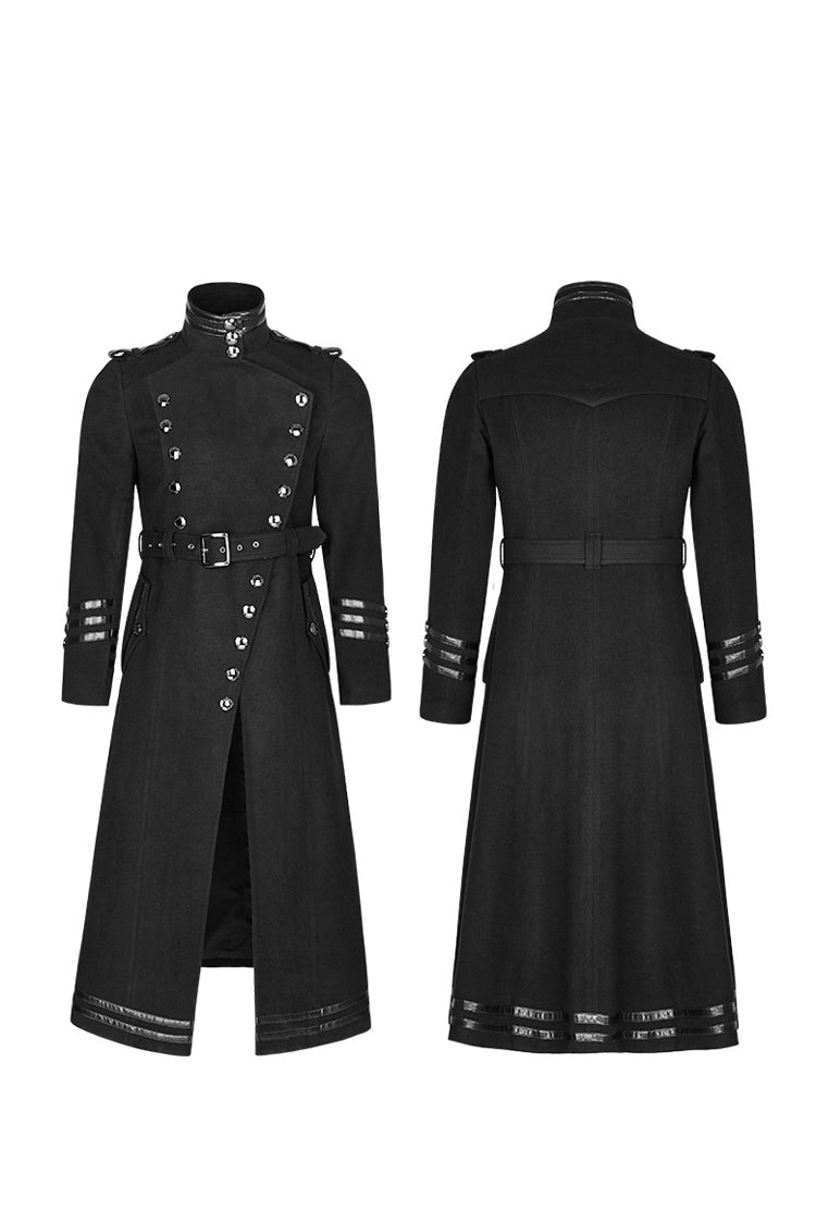 Black Military Uniform Double Breasted Men's Long Gothic Coat With Belt