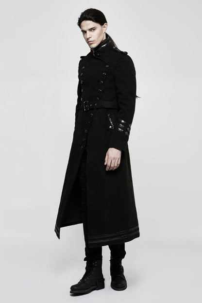Black Military Uniform Double Breasted Men's Long Gothic Coat With Belt