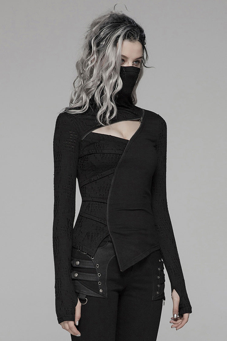 Black Long Sleeve High Collar Front Chest Hollow-Out Irregular Pleats Splice Broken Holes Knit Slit Hem Women's Punk T-Shirt
