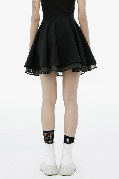 Black Front Metal Buckle Loops High Waist Splice Mesh Women's Punk Skirt