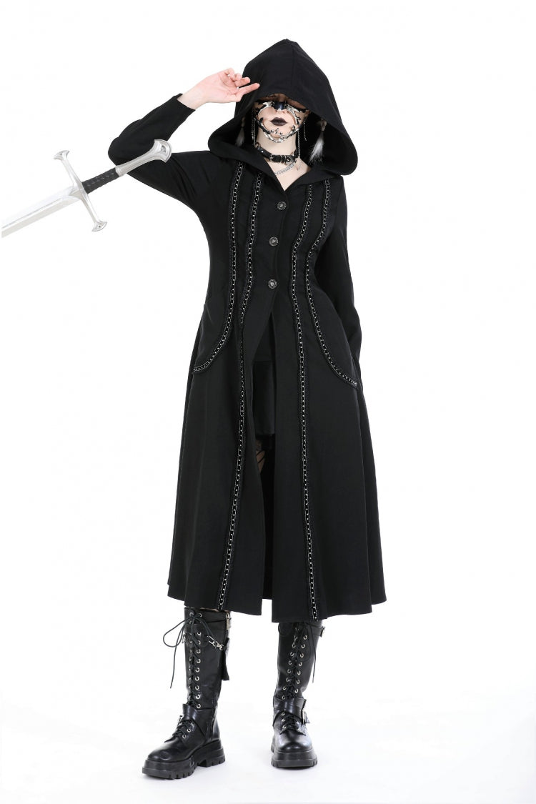 Black Long Sleeves Ruffled Lace-Up Women's Punk Long Jacket with Hood