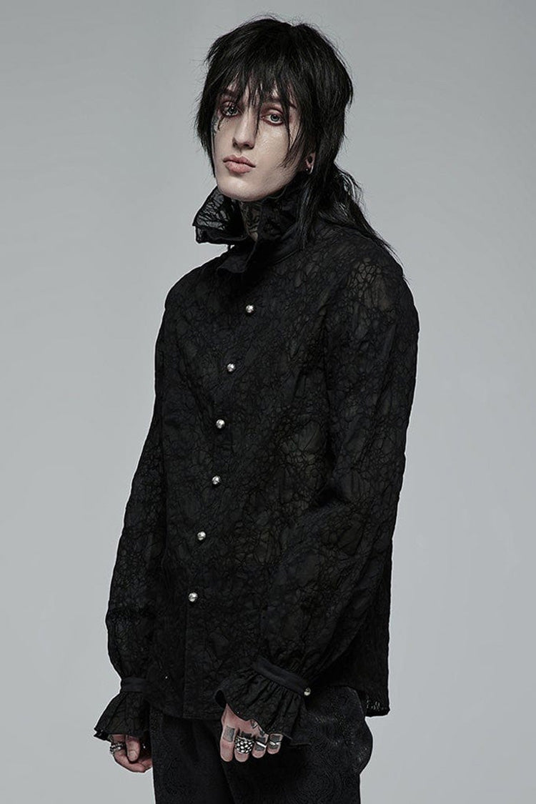 Black Gothic Long Sleeve Mesh Texture Fabric Lace Pleated Ruffle Tie Design Men's Shirt