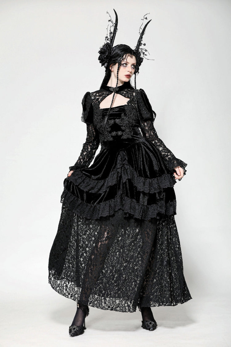 Black Long Puff Sleeves Cut-Out Lace Spliced Velvet Lace-Up Women's Gothic Princess Evening Dress