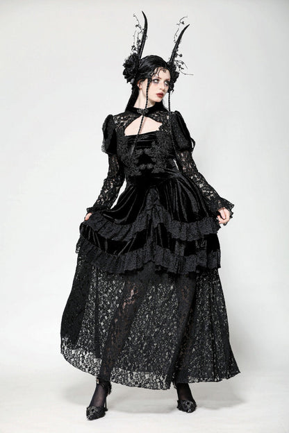 Black Long Puff Sleeves Cut-Out Lace Spliced Velvet Lace-Up Women's Gothic Princess Evening Dress