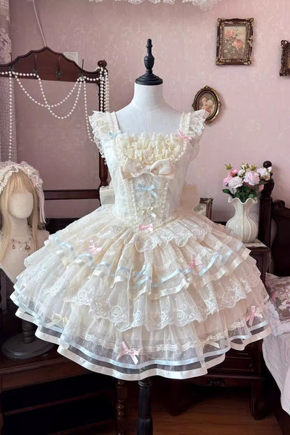 Apricot [Butterfly Heart Ballet] Triple-Layered Ruffle Bowknot Lace Sweet Ballet Lolita Jsk Dress