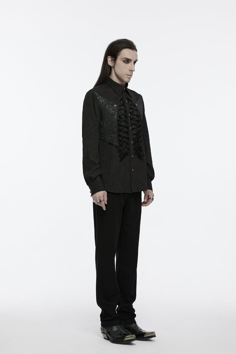 Black Lapel Collar Long Sleeves Jacquard Print Drawstring Lace-Up Men's Gothic Blouse