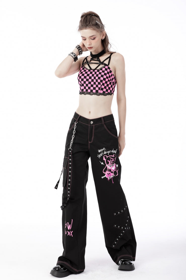 Black Dangerous Bear Chain-Decorated Women's Grunge Bell Bottom Pants