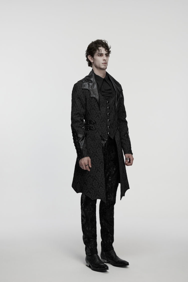 Black Lapel Collar Long Sleeves Jacquard Spliced Lace-Up Slim Buckled Men's Gothic Coat