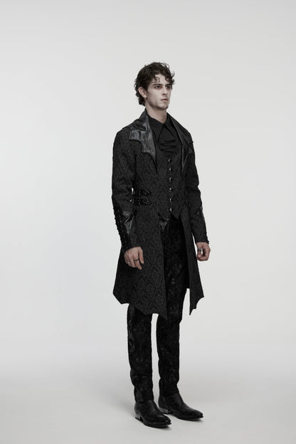 Black Lapel Collar Long Sleeves Jacquard Spliced Lace-Up Slim Buckled Men's Gothic Coat