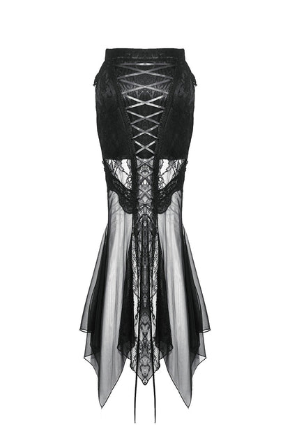 Black Lace-Up Mesh Spliced Lace Women's Gothic Fishtailed Skirt