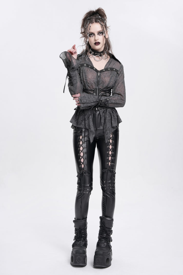 Black Lace-Up Ripped Rivet Women's Punk Pants