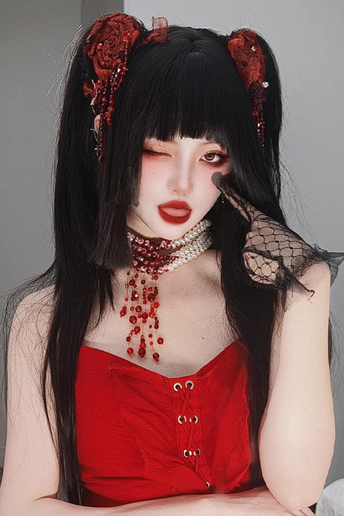 Black Layered Hime-Cut Vintage Elegant Princess Lolita Twin-Tail Wig