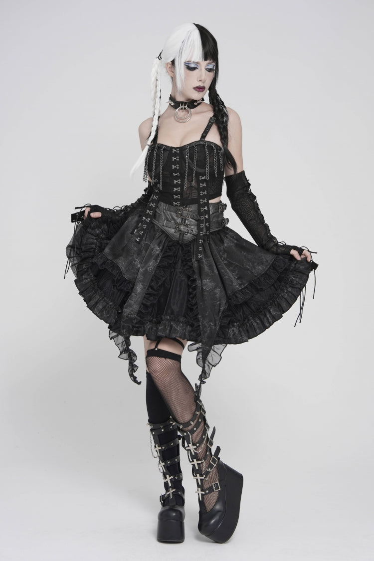 Black Multi-Layered Printed Spliced Lace Lace-Up Buckled Pleated Eyelet Women's Gothic Skirt