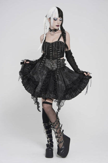 Black Multi-Layered Printed Spliced Lace Lace-Up Buckled Pleated Eyelet Women's Gothic Skirt