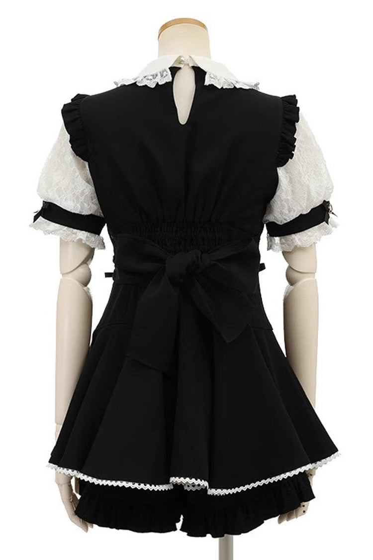 Black Japanese Diamond Buckle Heart Bow Lace Sweet Jirai Kei Dress Fake Two-piece Set