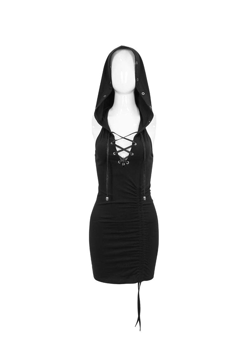 Black Cross Straps Backless Hooded Sleeveless Hip Wrap Women's Punk Dress